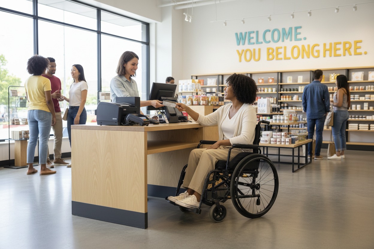 A smiling customer in a wheelchair hands her credit card to a store clerk across the checkout counter.